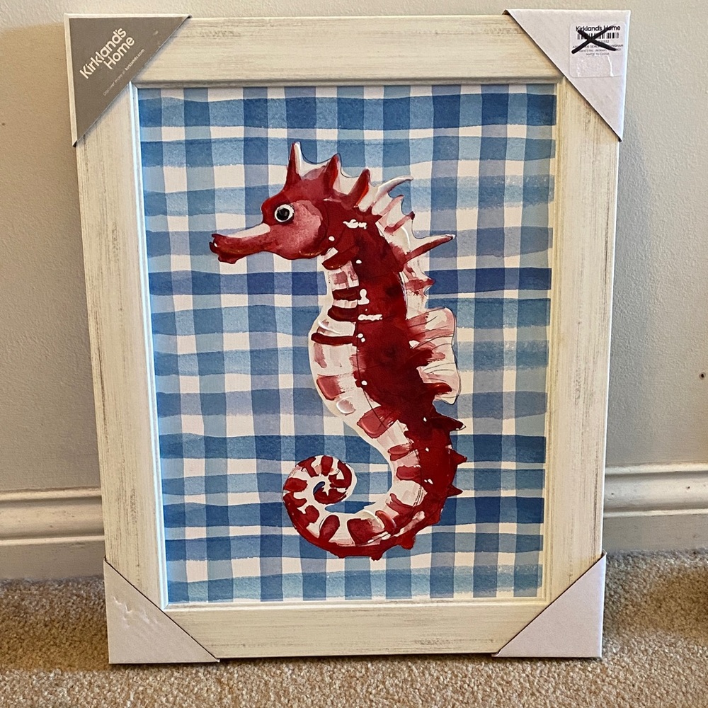 Kirklands Red Seahorse Wall Art on Blue Plaid